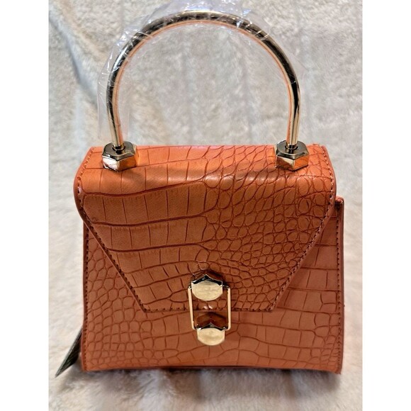 Badgley Mischka Orange Frame Bag Purse Gold Hardware Croc Vegan Leather NWT - Picture 2 of 12